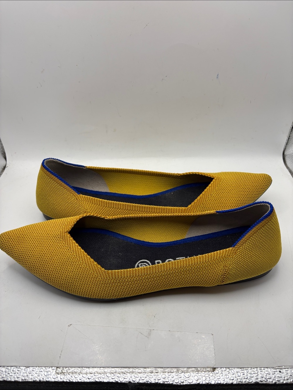 Rothy's Pointed Knit Ballet Flats in Bright Yellow with Blue Trim - Picture 4 of 11